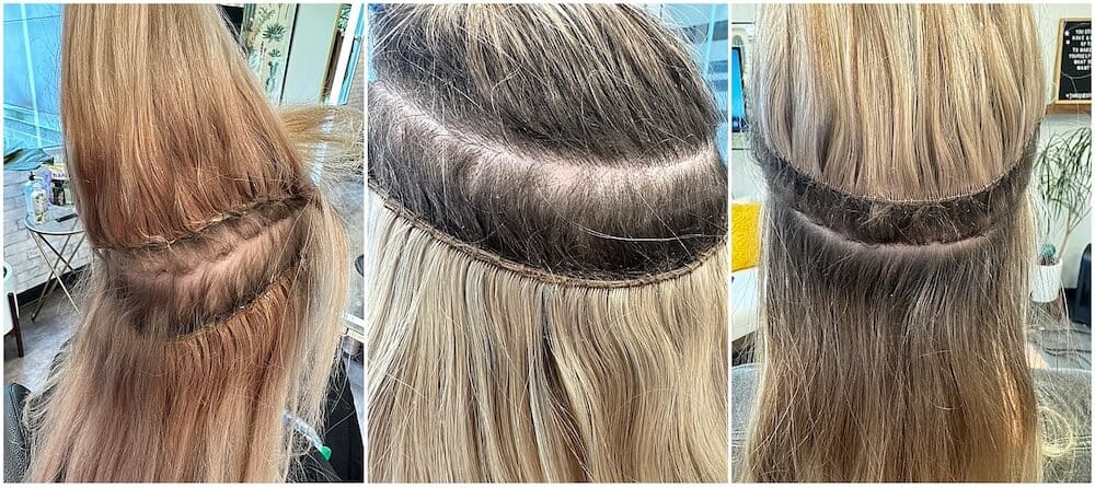 Three women at their hair extensions maintenance appointments in Seattle