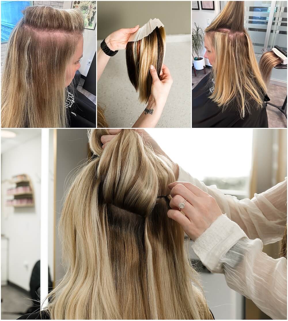 Hair stylist Carrie Albertus installing IBE hair extensions in Seattle