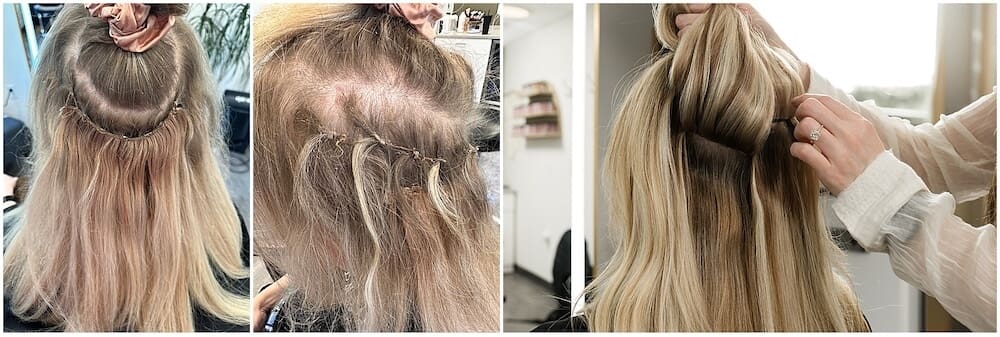 Seattle stylist Carrie at Mane Suite showing how to take care of hair extensions